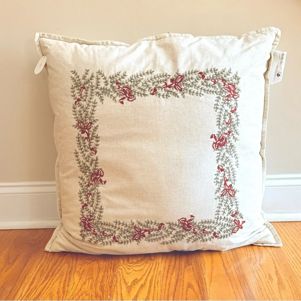 Large Natural Embroidered Leaves & Bows Holiday Pillow Threshold w/ Studio McGee